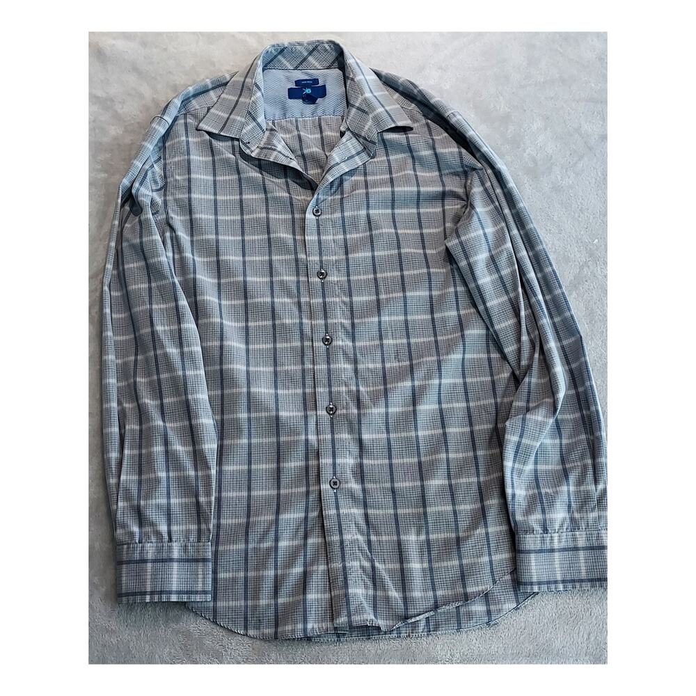 Egara No Iron Blue Plaid Dress Shirt Long Sleeve Cotton Business Casual Size L